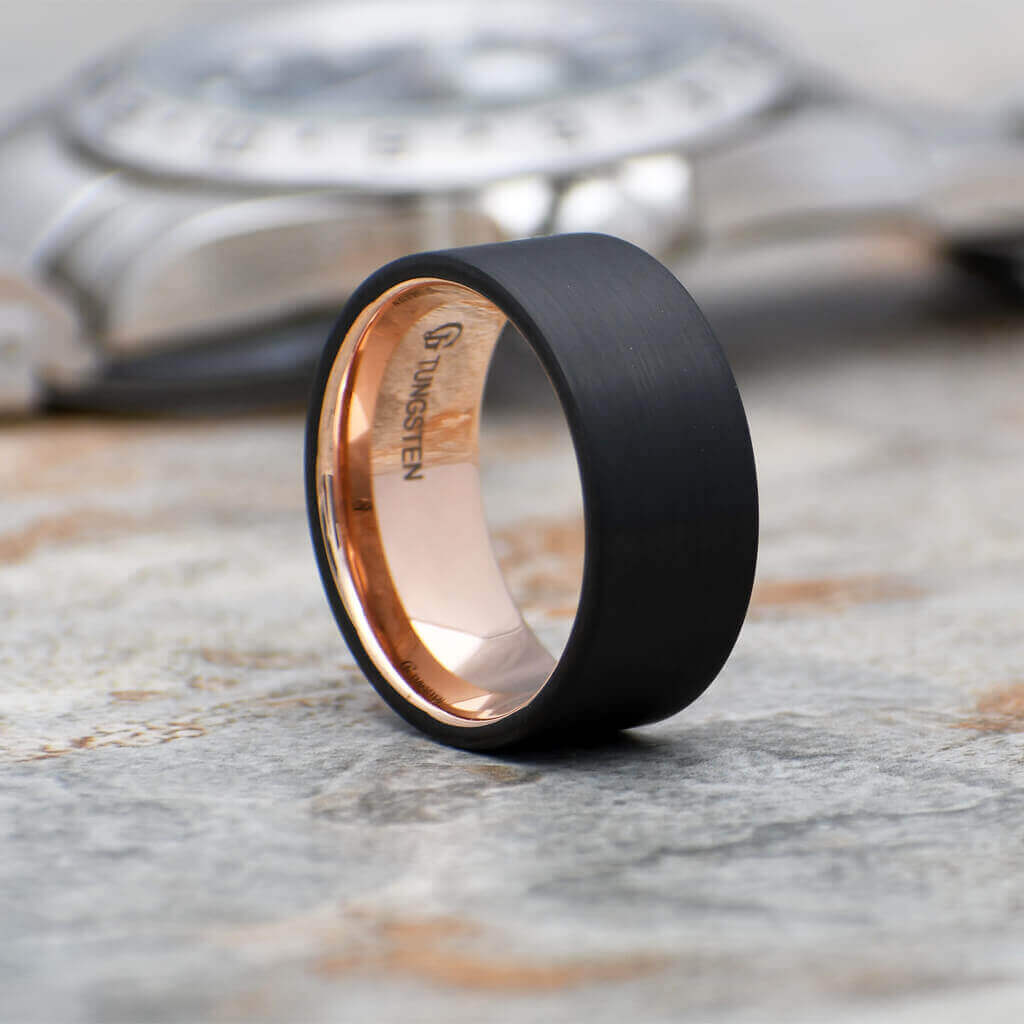Moissy Fine Jewellery - VULCAN Flat Black Tungsten Ring with Brushed Center  & Polished Edge